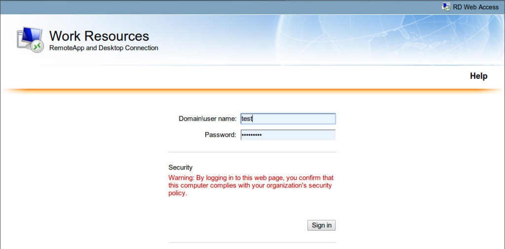 RDWeb login page