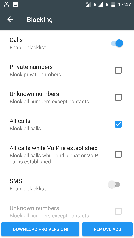 Blacklist settings