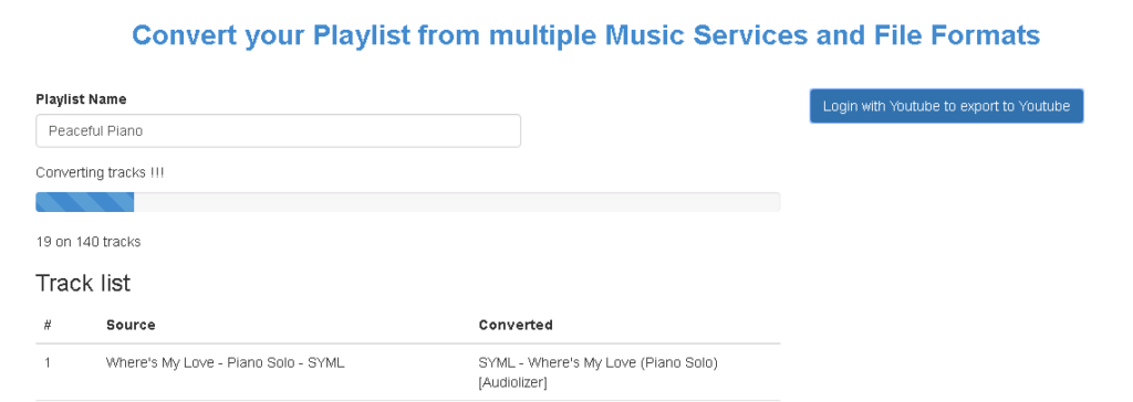 vpravo se nachází tlačítko pro přihlášení k youtube a ke zkonvertování playlistů